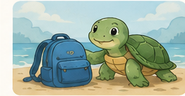 A young turtle keeping Ollie's backpack safe